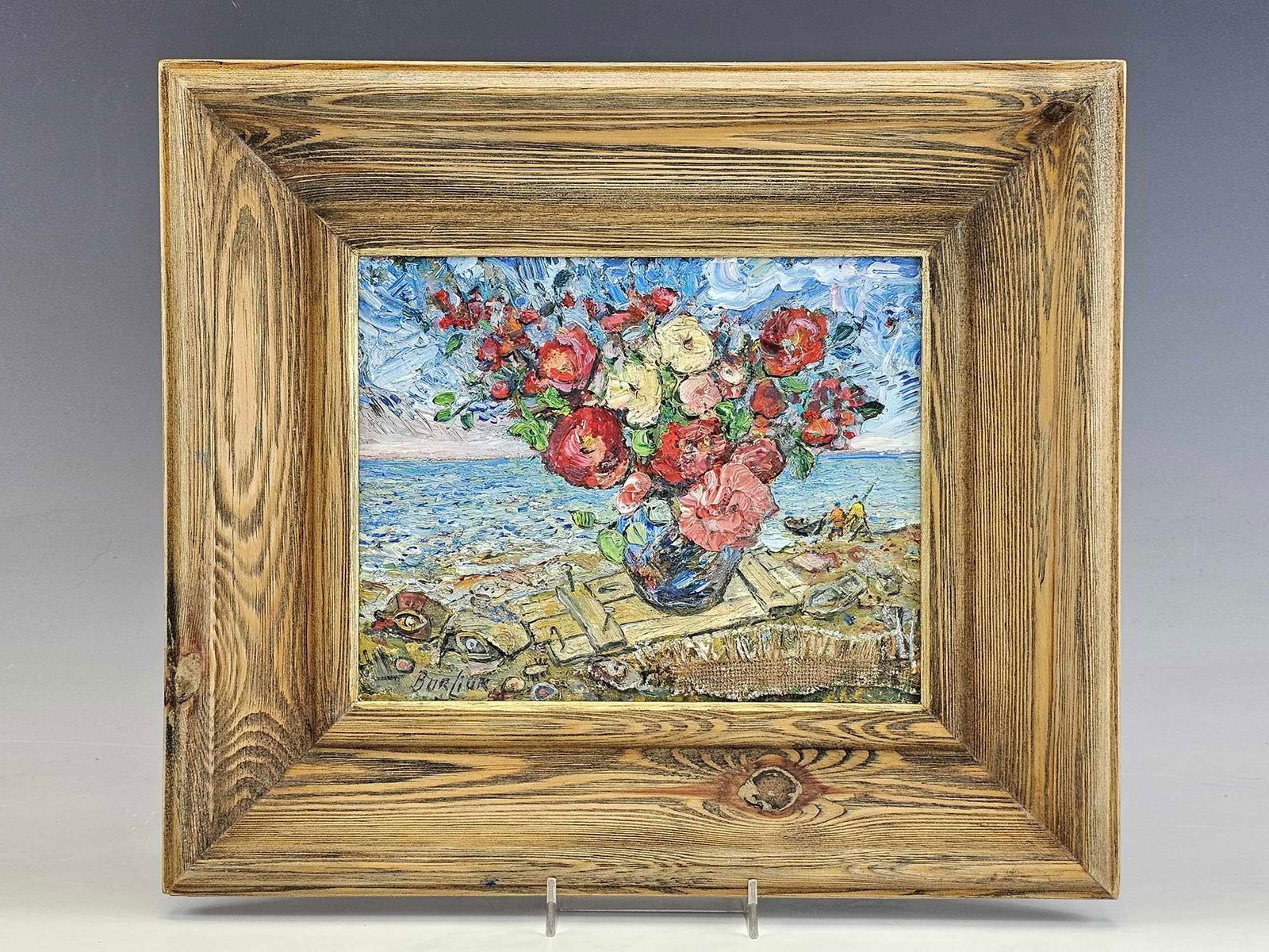 AFTER DAVID BURLIUK UKRAINIAN AMERICAN OIL PAINTING: After David Burliuk, Ukrainian American, 1882 to 1967, an oil painting on canvas depicting a still life composition with a seascape backwards. Signed lower left. Framed. David Davidovich Burliuk was a