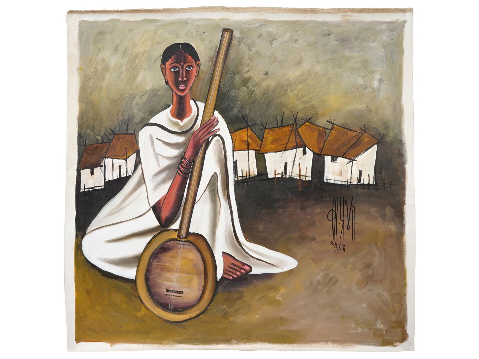 INDIAN PORTRAIT OIL PAINTING SIGNED B PRABHA W COA: An Indian oil painting on canvas, Lady with a Sitar, 1984. Signed, B. Prabha, and dated, lower right. Completed with a certificate of authenticity, signed. B. Prabha is known for Female portrait, figu