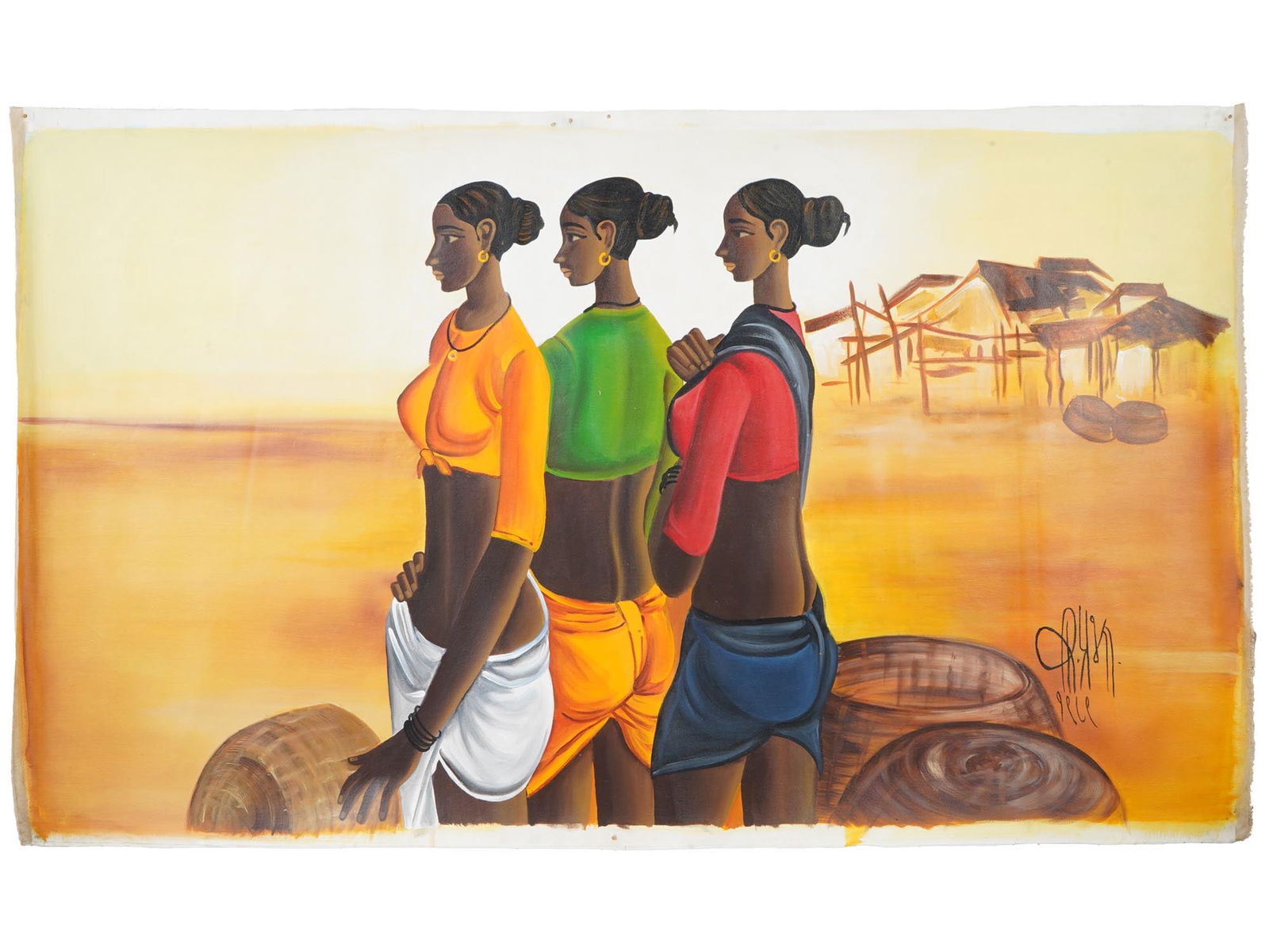 INDIAN PORTRAIT OIL PAINTING SIGNED B PRABHA W COA: An Indian oil painting on canvas depicting a group portrait of three women in a rural landscape. Signed, B. Prabha, and dated 1989, lower right. Completed with a certificate of authenticity, signed. B