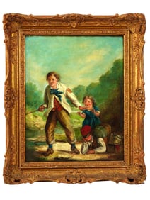 ANTIQUE 19TH C AMERICAN GENRE OIL PAINTING SIGNED