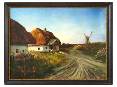 RUSSIAN OIL PAINTING OF A RURAL LANDSCAPE SIGNED