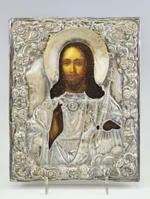 19TH CEN RUSSIAN SILVER ICON CHRIST PANTOCRATOR