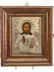 19TH C RUSSIAN CHRIST ICON IN SILVER OKLAD AND KIOT