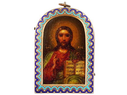 ANTIQUE RUSSIAN SILVER ENAMEL CHRIST ICON PENDANT: An antique 19th century Russian Orthodox travel icon pendant representing Christ Pantocrator. Egg tempera painting on gesso and wood decorated with 84 gilt Silver riza or oklad featuring hand chased a