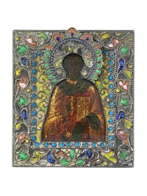 MINIATURE ANTIQUE 19TH C RUSSIAN SILVER ENAMEL ICON