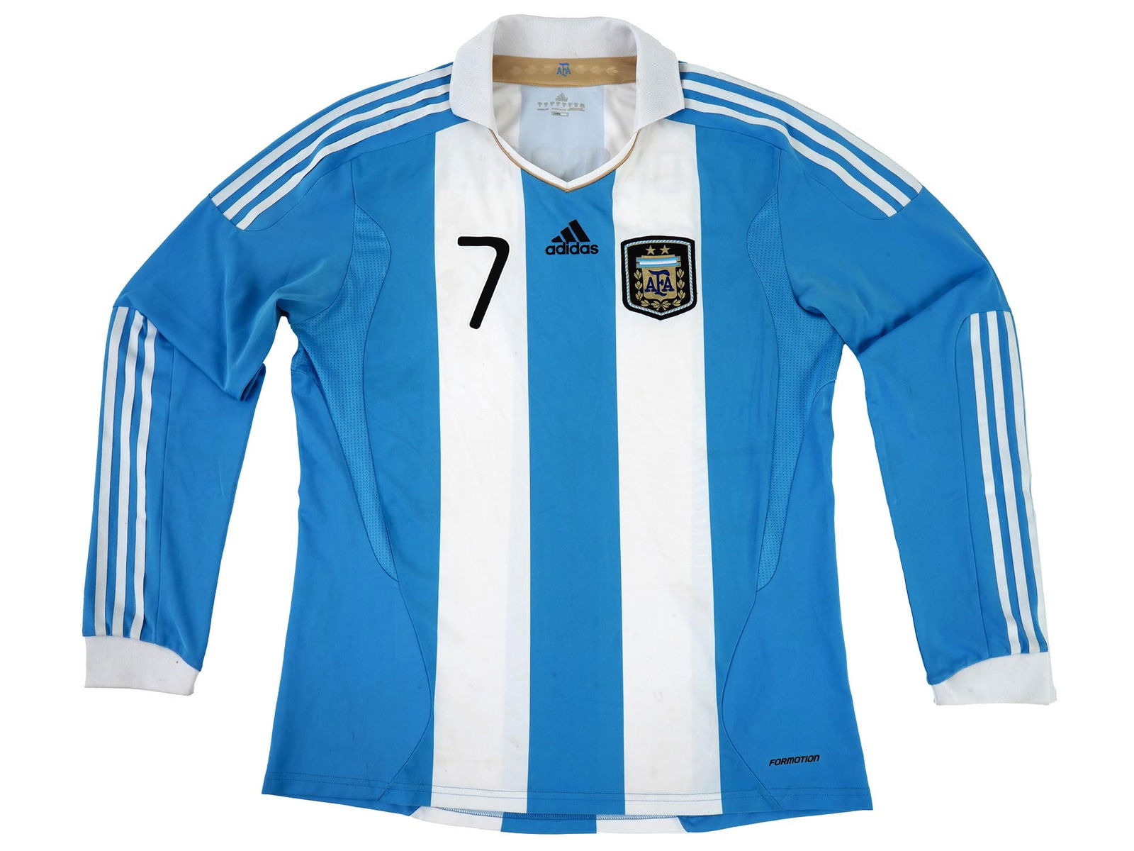 ORIGINAL AMERICAN WORLD CUP ADIDAS DI MARIA SHIRT: An original American World Cup Adidas long sleeve shirt worn by Angel Di Maria, Argentine professional footballer. Angel Di Marias Adidas football shirt is light blue with white stripes. The players n