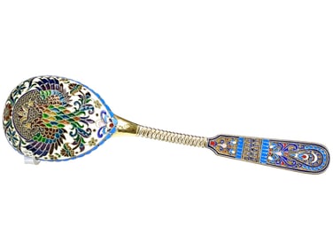 ANTIQUE RUSSIAN SILVER PLIQUE A JOUR ENAMEL SPOON