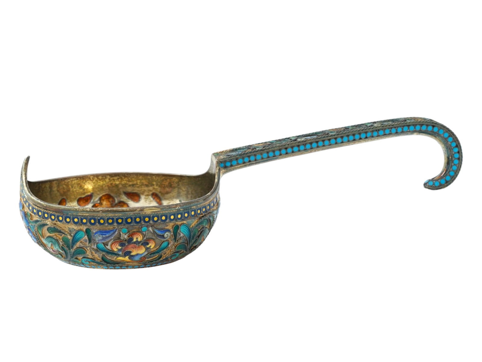 LARGE RUSSIAN FLORAL GILT SILVER AND ENAMEL KOVSH (1 of 8)