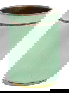 RUSSIAN 88 GILT SILVER GREEN GUILLOCHE ENAMEL CUP: A Russian gilt silver cup adorned with an upper niello rim and decorated with green guilloche enamel to the surface. Gold wash inside. Hallmarked with the 88 Russian silver proof and manufacturer mark