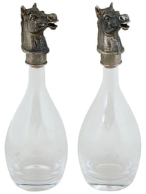 ANTIQUE ENGLISH DECANTERS AND SILVER PLATED HORSE HEADS