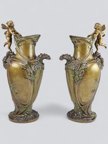 PAIR OF ANTIQUE 19TH CEN FRENCH BRONZE PATINATED VASES