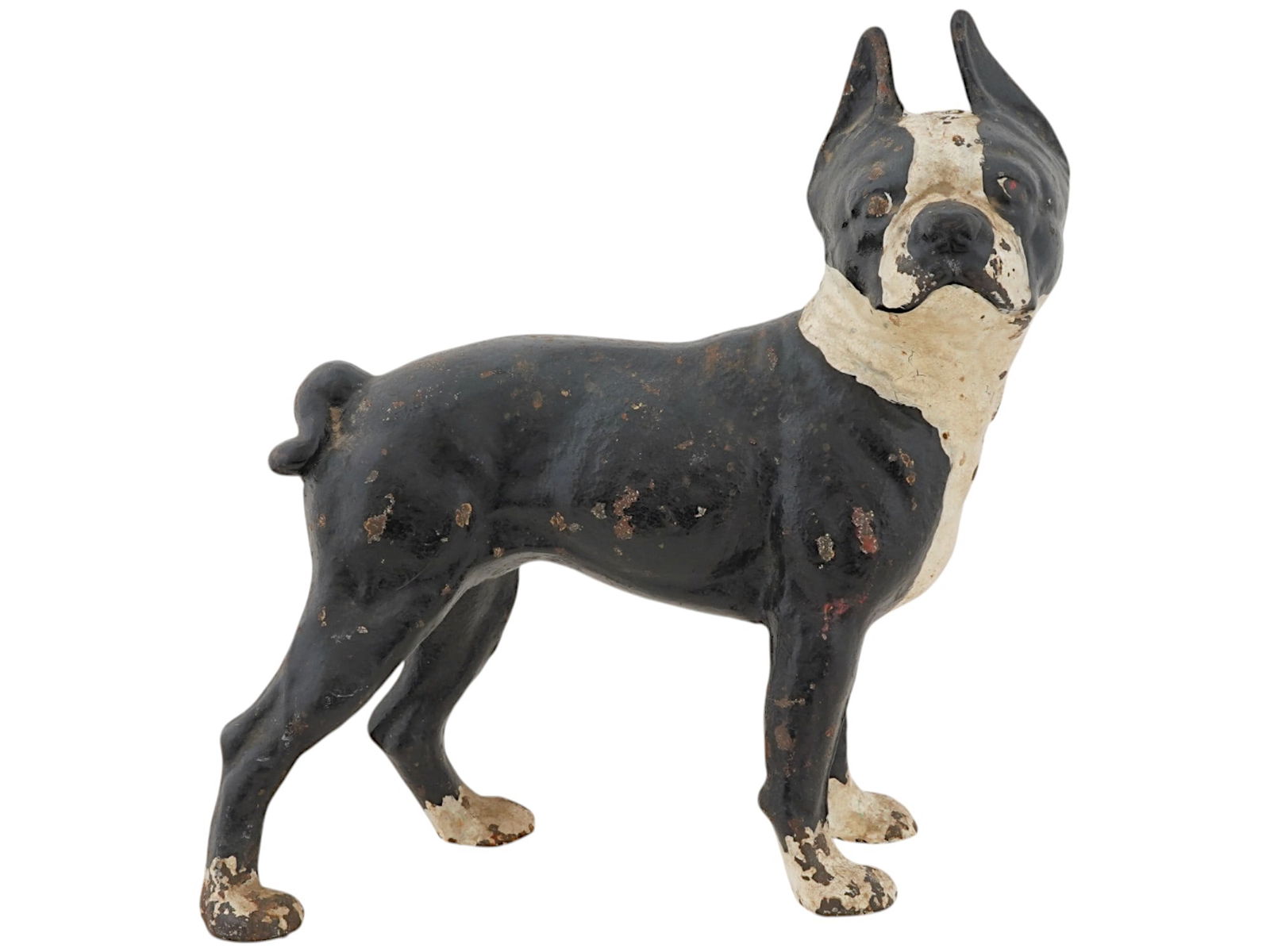 VINTAGE CAST IRON DOORSTOP BOSTON TERRIER DOG: A vintage painted cast iron doorstop representing a Boston Terrier dog. Traces of a hallmark on the backside. Collectibles, Garden Sculpture, Home Decor, Metalwork.THIS LOT QUALIFIES FOR A 30-DAY UNCO
