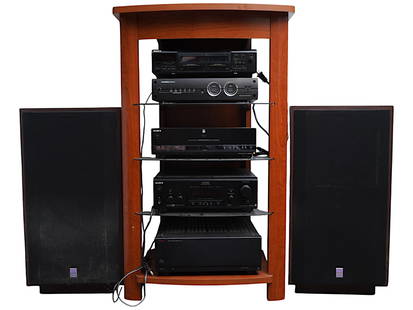 HI FI STEREO RACK POWER PRE AMP SACD SPEAKERS TAPE DECK: A complete HI FI stereo system with custom 3 glass shelves rack. The set includes Stereo Power amplifier Locksman M117, SONY Digital signal processing AV control amplifier TA-E9000ES with original LSD