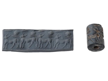 ANCIENT BLACK STEATITE CYLINDER SEAL BEAD