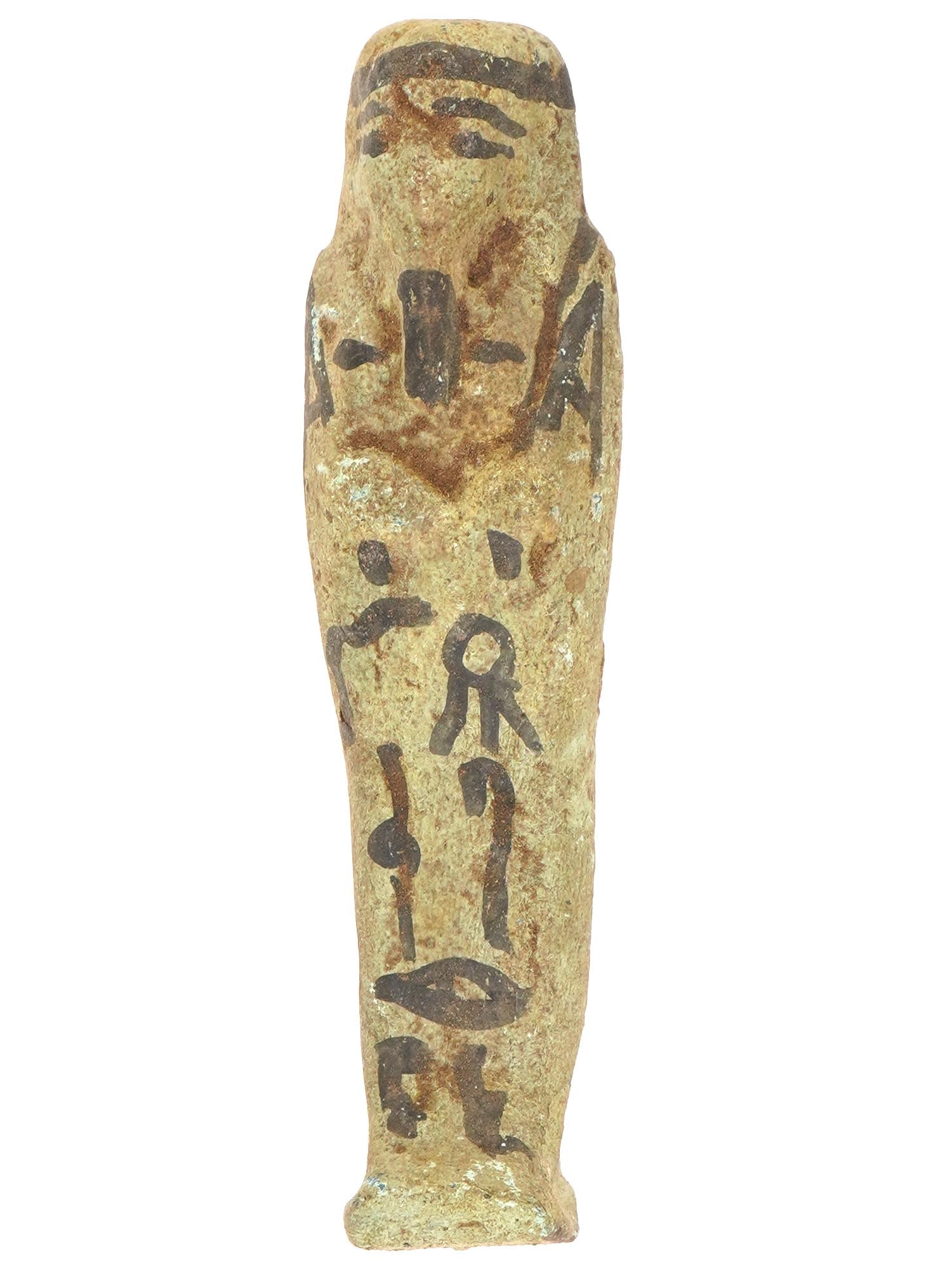 ANCIENT EGYPTIAN FAIENCE USHABTI FIGURINE: An ancient Egyptian faience ushabti figurine. decorated with painted eyes, headdress, beard and hieroglyphs. Circa 1550 to 1292 BC. Museum pieces, Ancient and Antique Egyptian Faience Wares For Collec