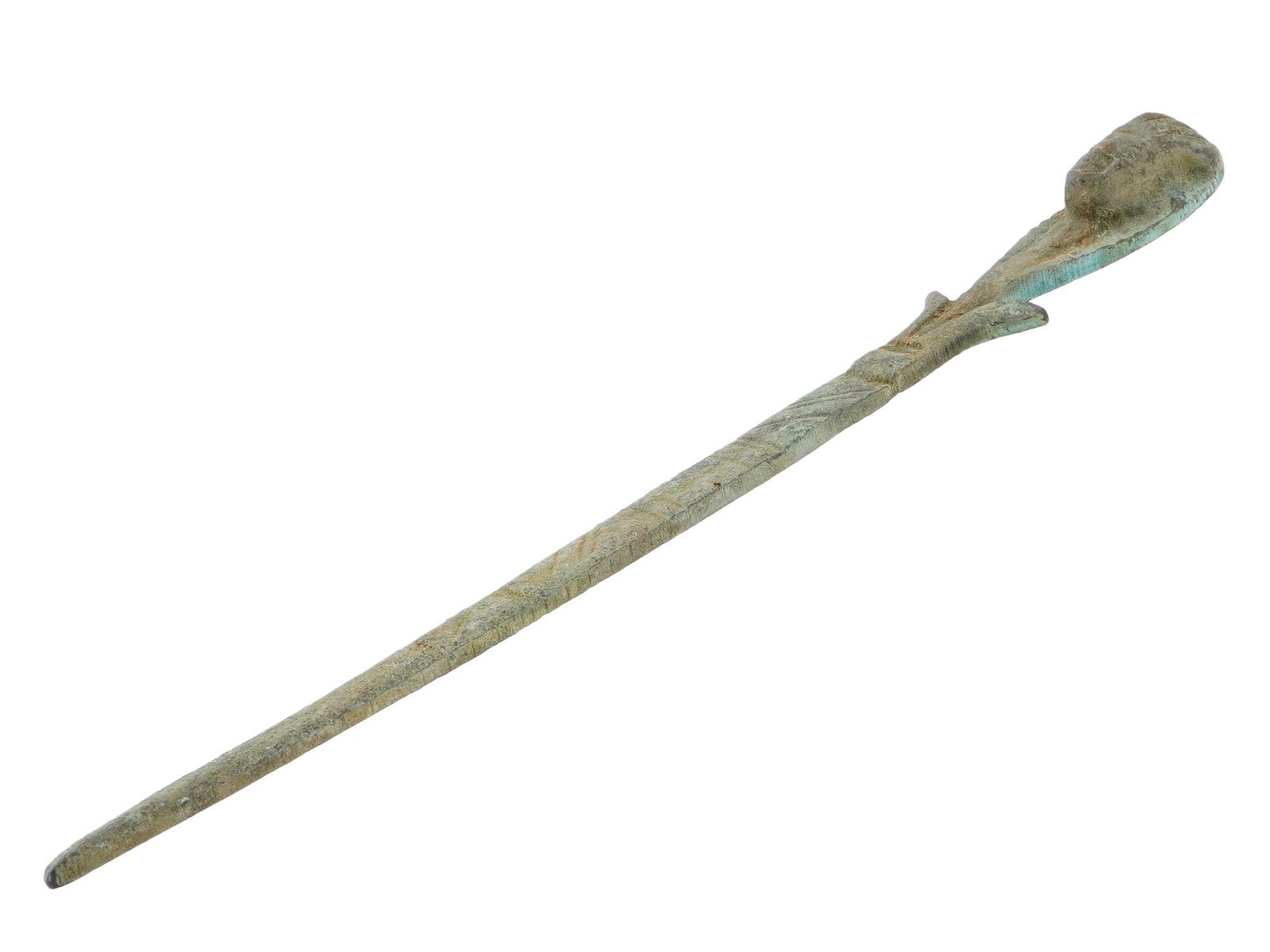 ANCIENT EGYPTIAN BRONZE CEREMONIAL GARMENT PIN: An ancient Egyptian bronze ceremonial garment pin, dating from 663 to 525 BC. The pin features a long, tapering shaft and a flared head with facial features, exhibiting the characteristic patina. Muse