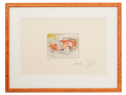 LTD FRENCH CAR ETCHING BY BERNARD BUFFET SIGNED: Bernard Buffet, French, 1928 to 1999, a limited edition color etching on paper, Hispano Suiza. Signed in pencil, lower right. Numbered 10 of 20 in pencil, lower left. Framed. A gallery stamp, on the