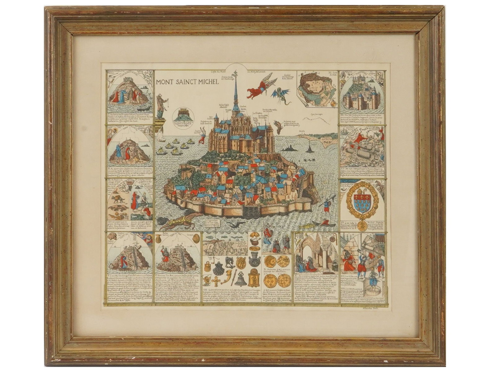 FRENCH COLOR LITHOGRAPH HISTORY OF MONT SAINT MICHEL: Color lithograph on paper. The artwork depicts a view of Mont Saint Michel surrounded by a number of vignettes detailing its history. With inscriptions in French. Signed by the artist in plate in the 