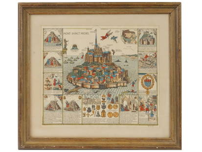 FRENCH COLOR LITHOGRAPH HISTORY OF MONT SAINT MICHEL: Color lithograph on paper. The artwork depicts a view of Mont Saint Michel surrounded by a number of vignettes detailing its history. With inscriptions in French. Signed by the artist in plate in the