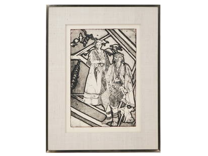 LTD AMERICAN PORTRAIT ETCHING BY E HAMILTON SIGNED: A limited edition etching on paper, Ago, depicting a double portrait of a couple and a dog. Signed in pencil, E. Hamilton, lower right. Titled in pencil, lower left. Inscribed in pencil, A. P. Artist