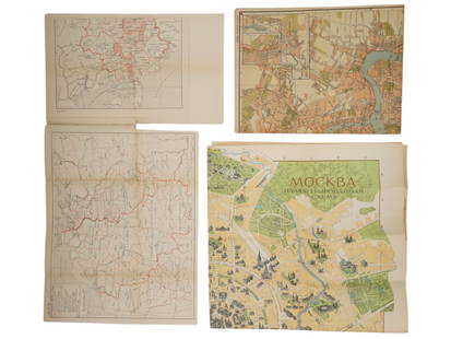 RUSSIAN SOVIET ERA HISTORICAL MAPS MOSCOW LENINGRAD: A collection of vintage Soviet-era city and historical maps in Russian, including an illustrative diagram of Moscow, a detailed plan of Leningrad, and a series of printed historical maps including Cen