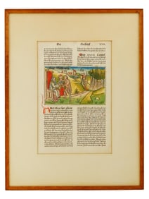 HAND COLORED WOODCUT PAGE FROM 15TH C COLOGNE BIBLE