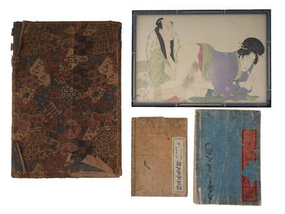 ANTIQUE JAPANESE EROTIC UKIYO E SHUNGA WOODBLOCK PRINTS: A lot of antique Japanese woodblock prints, including shunga. Circa early to mid 20th century. The lot contains three covered albums and a framed erotic woodblock print. One of the albums features