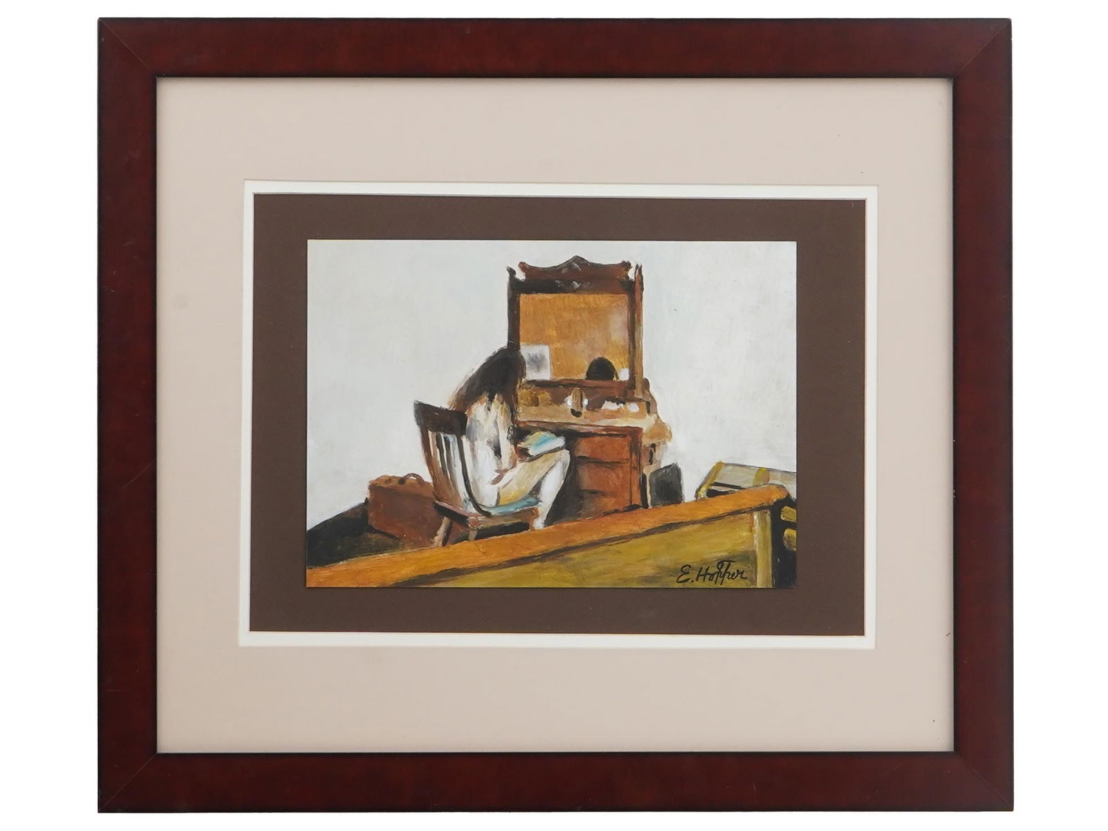 STUDY PORTRAIT GOUACHE PAINTING SIGNED EDWARD HOOPER: A gouache painting on paper, depicting an interior portrait of a reading semi nude woman, probably a study for the painting, Interior Model Reading, 1925 by Edward Hopper, 1882 to 1967. Signed, E. Hop