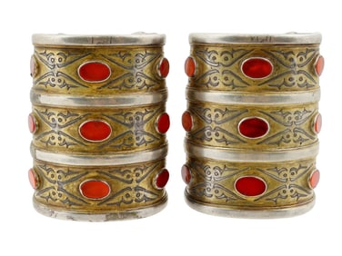 PAIR OF TURKMEN GILT SILVER CARNELIAN CUFF BRACELETS