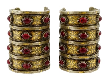 PAIR OF TURKMEN GILT SILVER CARNELIAN CUFF BRACELETS