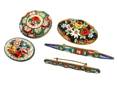 ANTIQUE 19TH CEN ITALIAN FLORAL MICRO MOSAIC BROOCHES