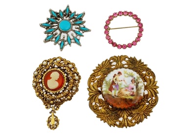 VINTAGE COSTUME BROOCHES W PORCELAIN AND STONE ACCENTS