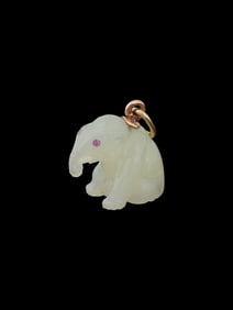 RUSSIAN JADE BOWENITE 14K GOLD RUBY ELEPHANT PENDANT