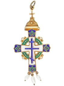 RUSSIAN SILVER ENAMEL CROSS W PEARLS AND GEMSTONES
