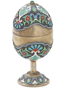 LARGE RUSSIAN SILVER ENAMEL EASTER EGG ON STAND