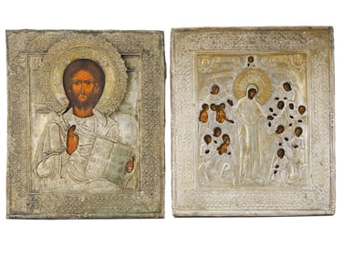 TWO ANTIQUE 19C RUSSIAN ICONS WITH METAL OKLAD