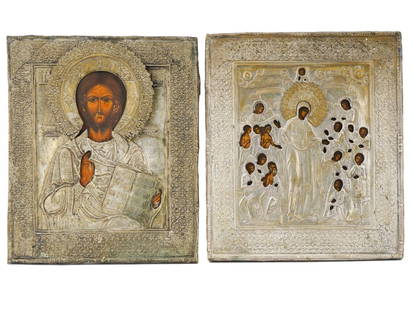 TWO ANTIQUE 19C RUSSIAN ICONS WITH METAL OKLAD: TWO ANTIQUE 19c RUSSIAN ICONS, Tempera on wood panel.1. CHRIST PANTOKRATOR (With Metal Oklad). 12" x 10"2. THE MOTHER OF GOD 'JOY TO ALL WHO GRIEVE (With Metal Oklad). 12" x 10"THIS LOT QUALIFIES FOR