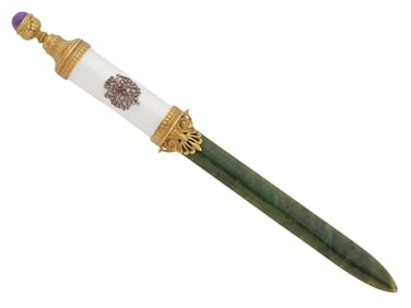 RUSSIAN SILVER ENAMEL JADE DIAMONDS LETTER OPENER