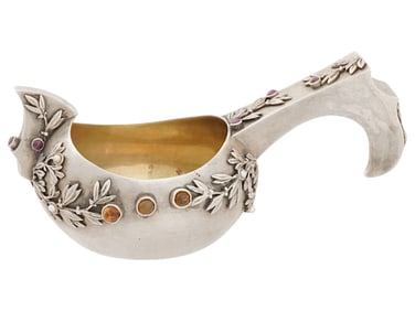 RUSSIAN 84 GILT SILVER KOVSH W RUBIES AND GEMSTONES