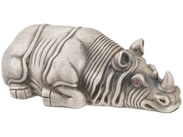 LARGE RUSSIAN 84 SILVER FIGURE OF RHINO W RUBY EYES