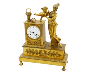 ANTIQUE 19TH C FRENCH EMPIRE GILT BRONZE MANTEL CLOCK