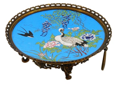 ANTIQUE FRENCH CHINOISERIE GILT METAL CLOISONNE TAZZA