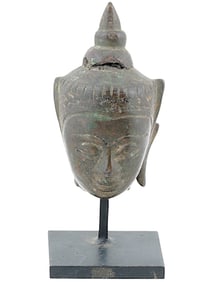 ANTIQUE ASIAN BRONZE BUDDHA HEAD ON BASE 1700 AD