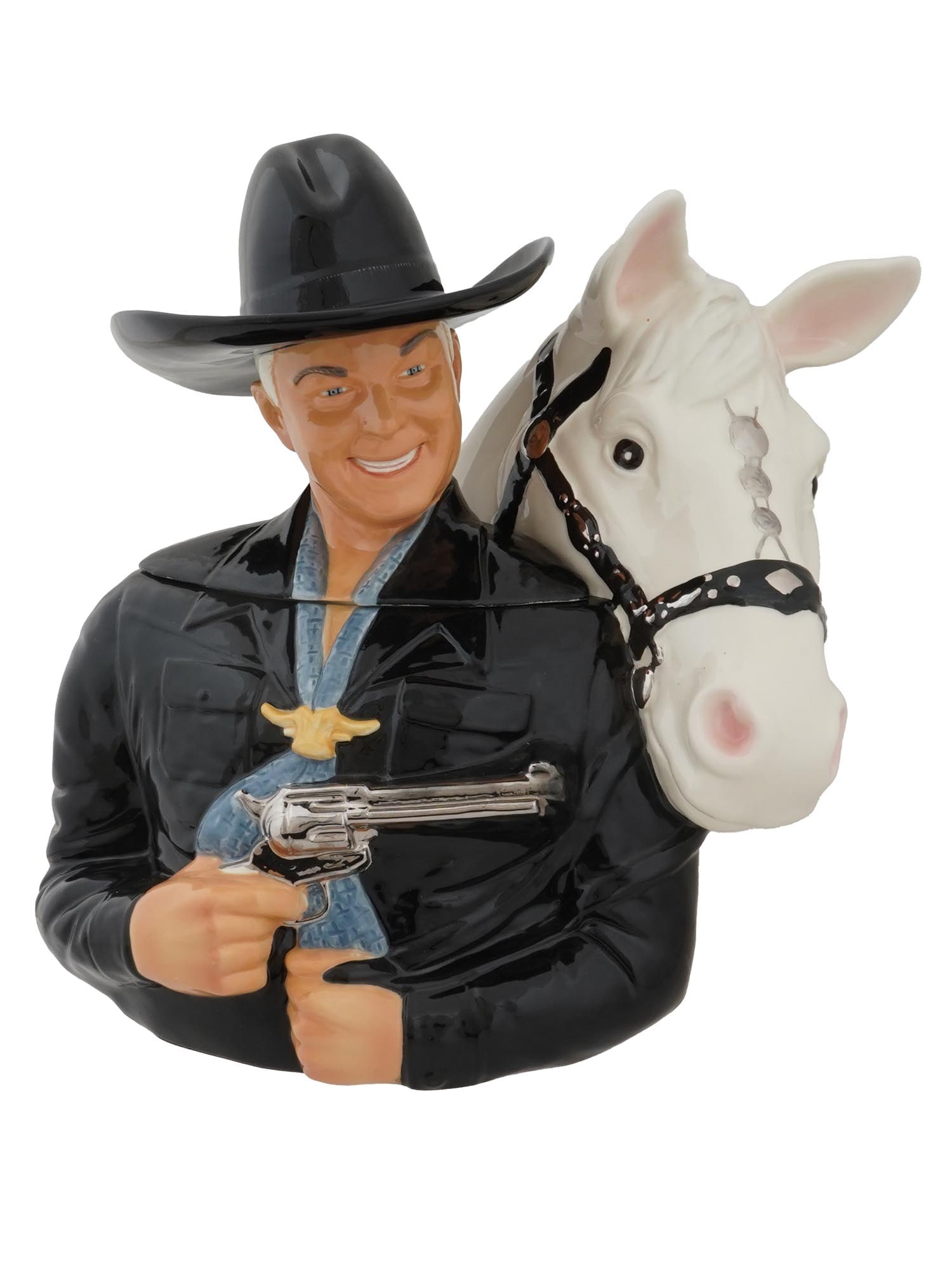 AMERICAN HOPALONG CASSIDY CERAMIC TOPPER COOKIE JAR: A vintage American Hopalong Cassidy limited edition 30 of 500 figural ceramic topper cookie jar. The cookie jar is shaped like the book and movie character, cowboy Hopalong Cassidy, wearing a wide-bri
