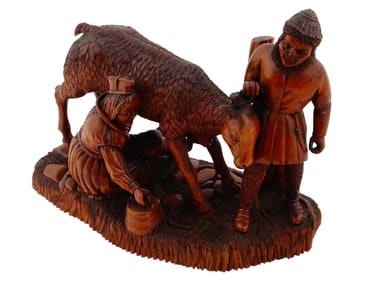 VINTAGE FLEMISH FRUITWOOD CARVING COUPLE WITH A GOAT