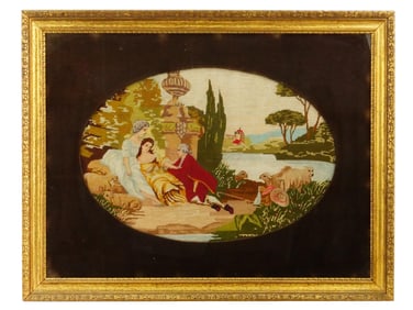 VINTAGE NEEDLEPOINT TAPESTRY WITH ROCOCO SCENE