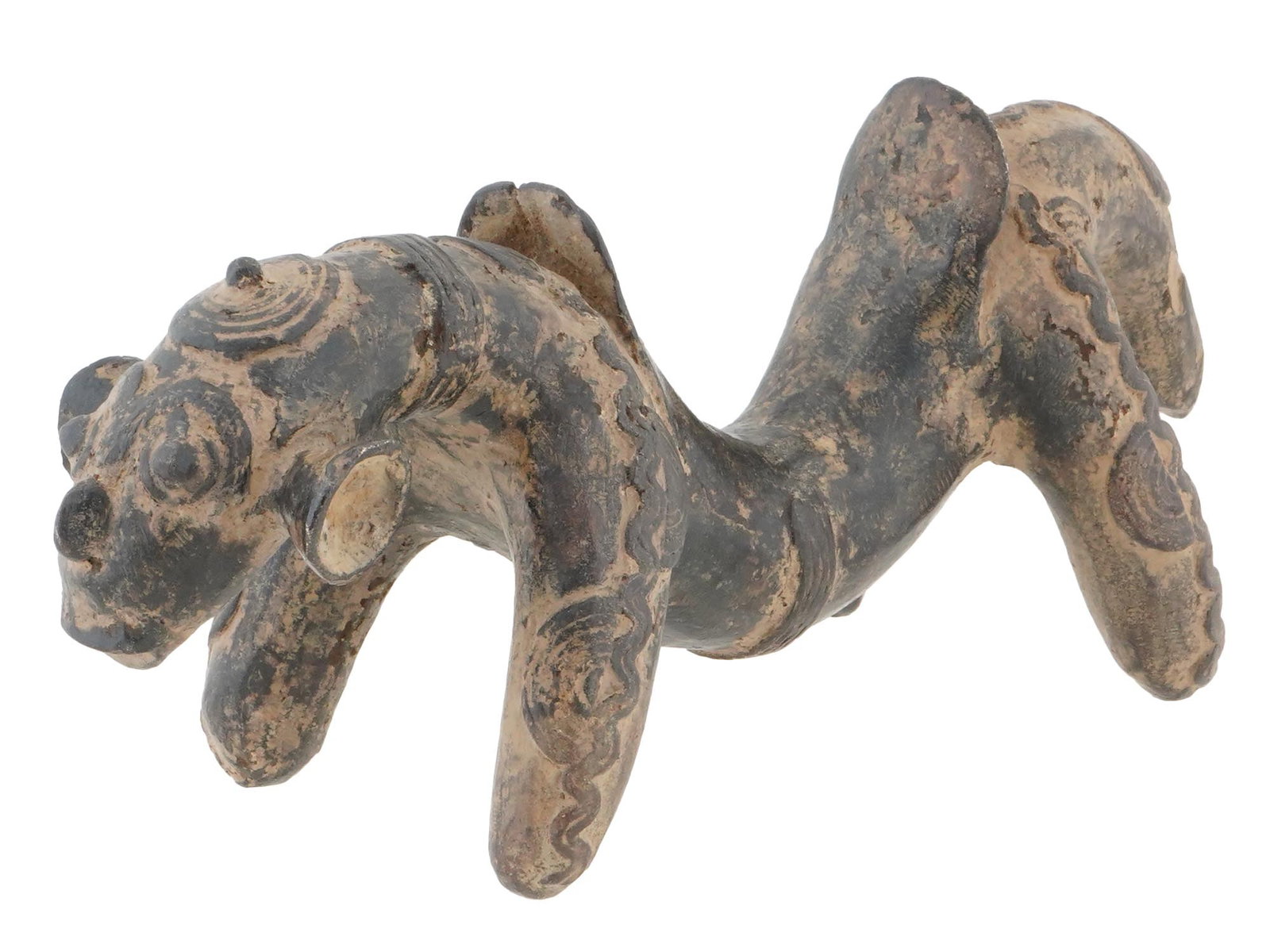 WEST AFRICAN DOGON TRIBE BRONZE ANIMAL FIGURINE: A West African Dogon tribe stylized bronze animal tribal figurine. The figurine is decorated with spiral and geometric patterns, decorated with accented ears, a nose and eyes, and a saddle to the cent