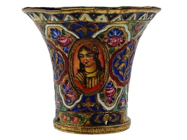 ANTIQUE PERSIAN QAJAR ENAMELED BRASS HOOKAH TOP CUP