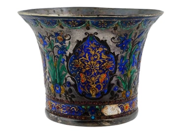 ANTIQUE PERSIAN QAJAR SILVER ENAMEL HOOKAH CUP