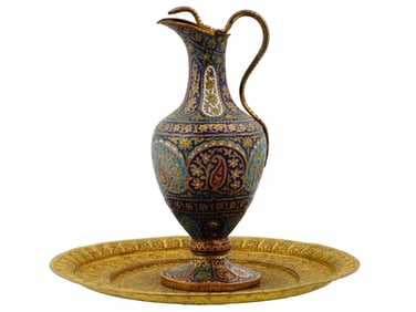 ANTIQUE INDIAN KASHMIRI GILT COPPER ENAMEL JUG PLATE